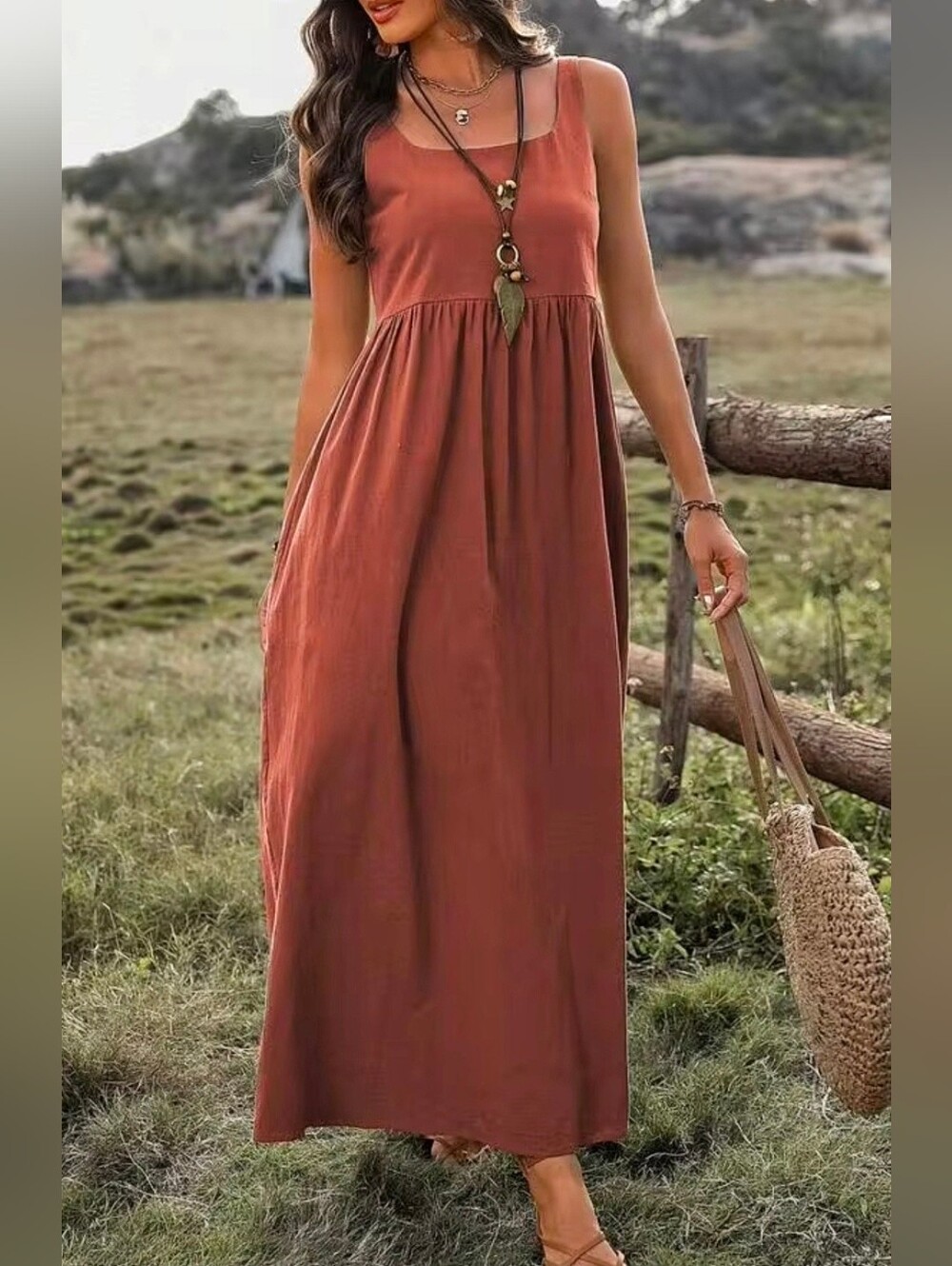 NEW Textured Cotton Cami Tank Maxi Dress Rust Brown Orange